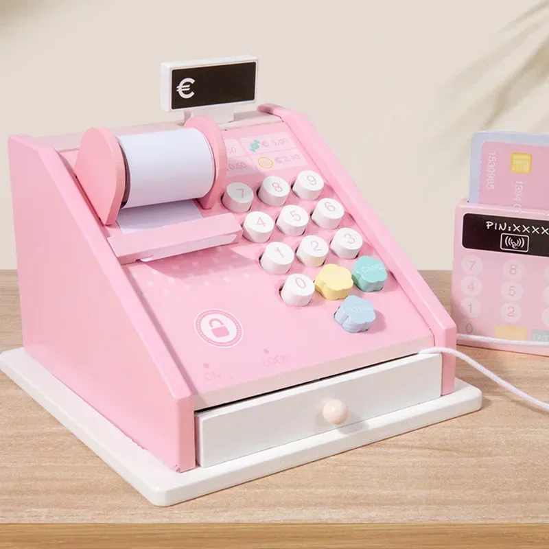 Wooden Cash Register Toy Kids Cash Register Money Counting Toys Colorful Strong Cashier Toy With Scanner And Credit Card For Pre