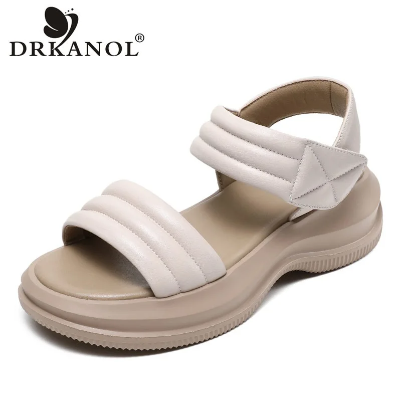 

DRKANOL Genuine Leather Sandals Women Summer Open Toe Shoes Concise Hook Loop Wedges Heel Chunky Platform Casual Sandals Ladies