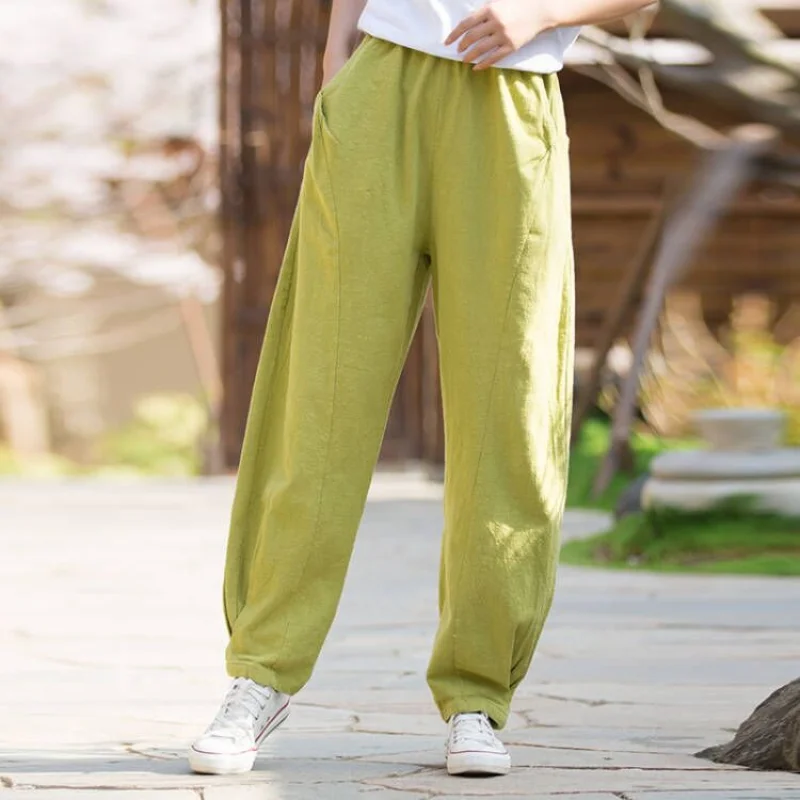Summer Loose Plus Size Chinese Style Pants Ramie Stitching Casual Trousers Yoga Sand Wash All-match Bloomers for Women