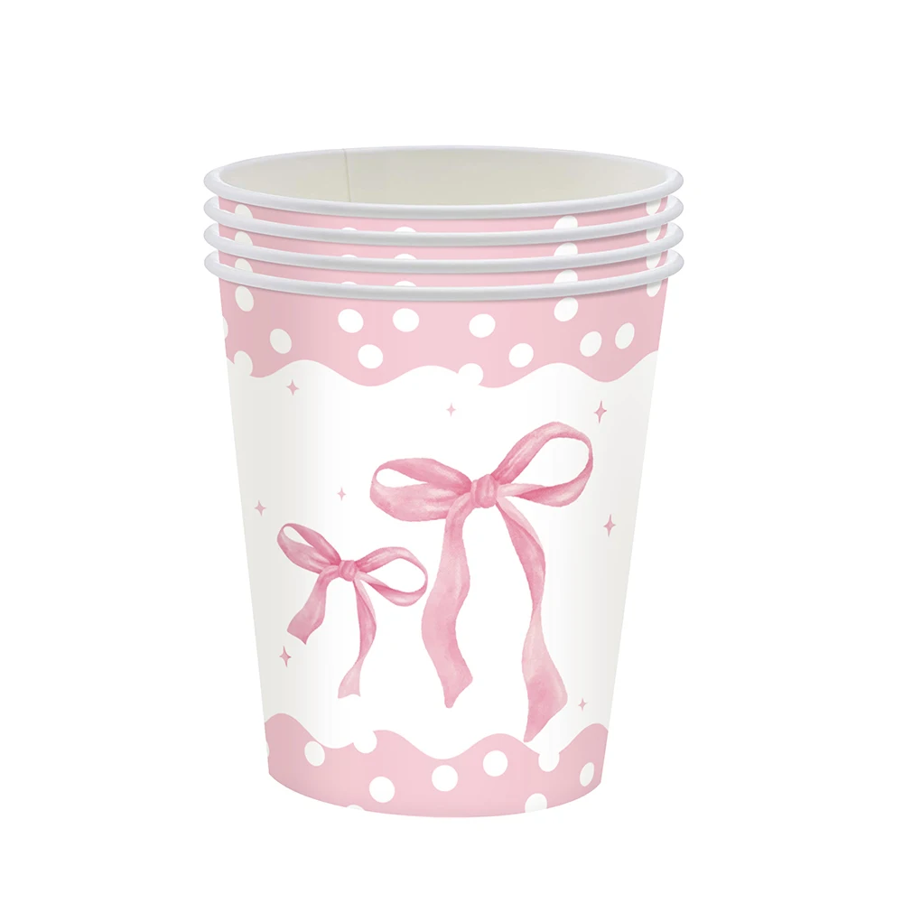Elegant Pink and White Bow Disposable Paper Cups - Party and Celebration Decor Set (10/20/30/50 Pieces)