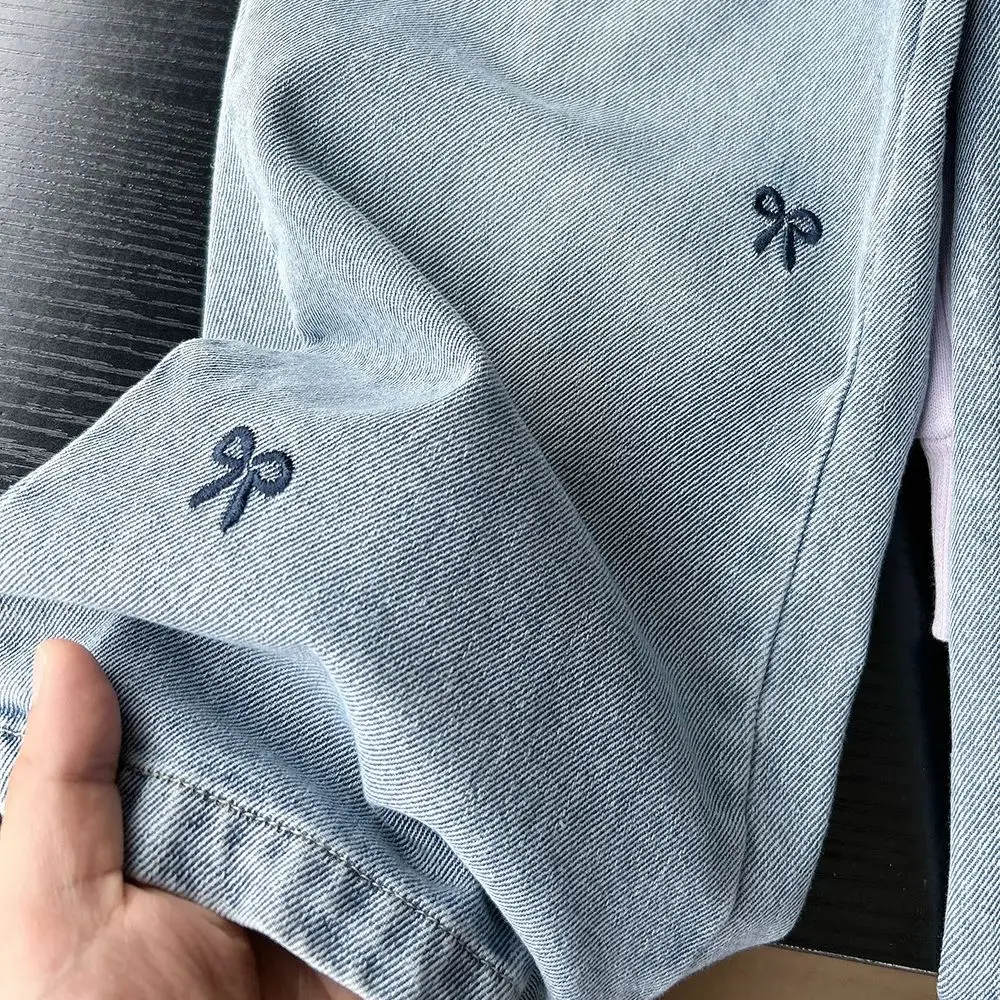 봄 가을 여아용 리본 자수 청바지 신축성 있는 허리 루즈핏 와이드 레그 캐주얼 스트레이트 데님 팬츠 아동 바지