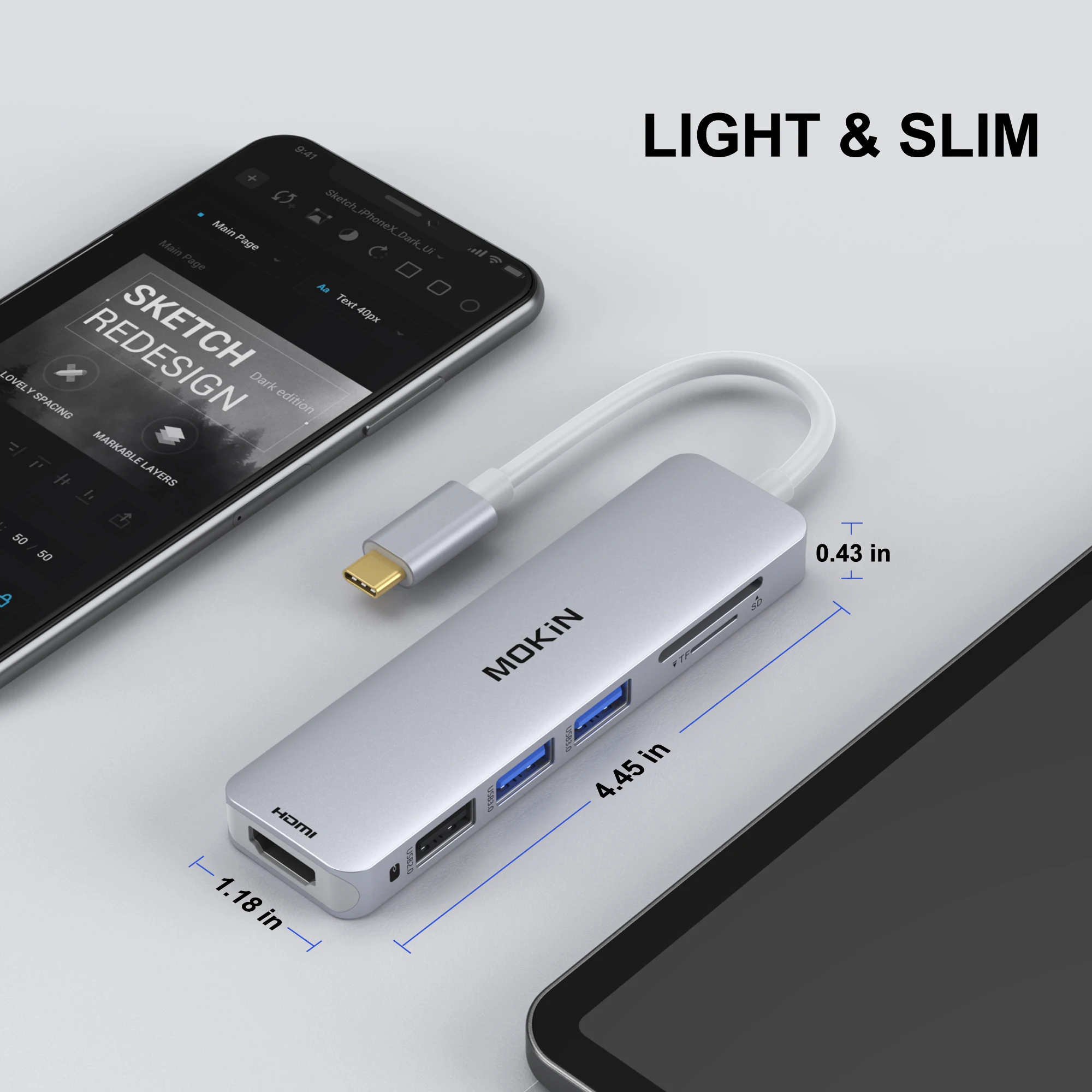 MacBook Air/Pro, iPad용 MOKiN 6 in 1 도킹 스테이션 - USB3.0, HDMI 4K30Hz, SD, TF - 향상된 생산성 및 연결성