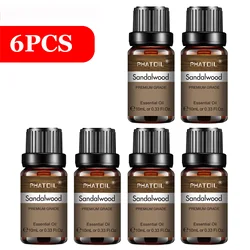 PHATOIL 6 - Piece Pure Essential Oil Collection: Lavender, Eucalyptus, Peppermint, Tea Tree, Orange, Lemongrass for Aromatherapy and Crafting (6pcs Sandalwood)