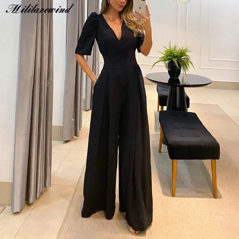 

2023 Casual V Neck Playsuits Women Puff Sleeve Fashion New High Waist Wide Leg Pants Solid Bandage Office Lady Elegant Playsuits