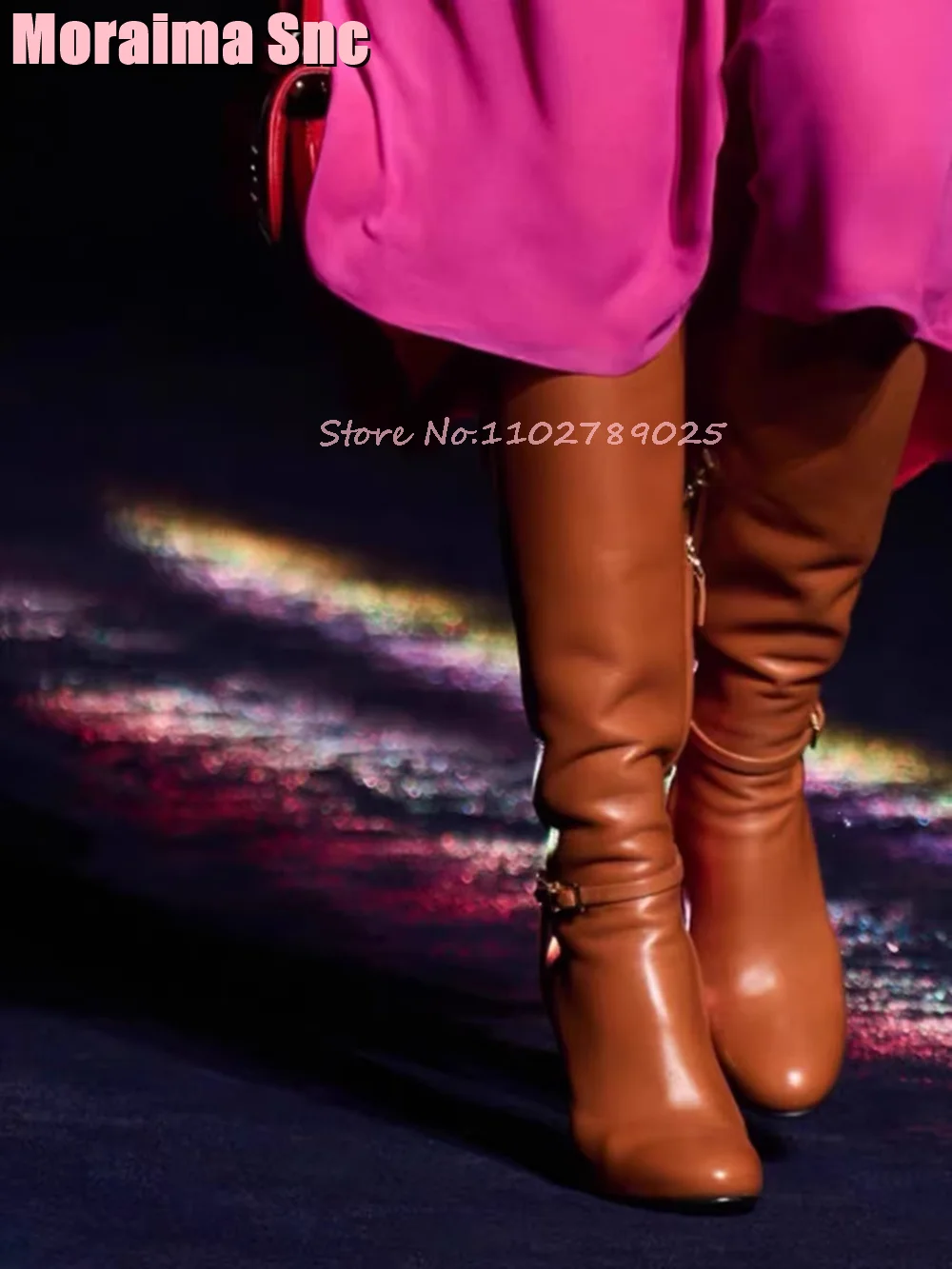 

Genuine Leather Strange Hollow Heel Knee High Boots Round Toe Belt Buckel Fashion Autumn Winter Women Long Boots Side Zipper New
