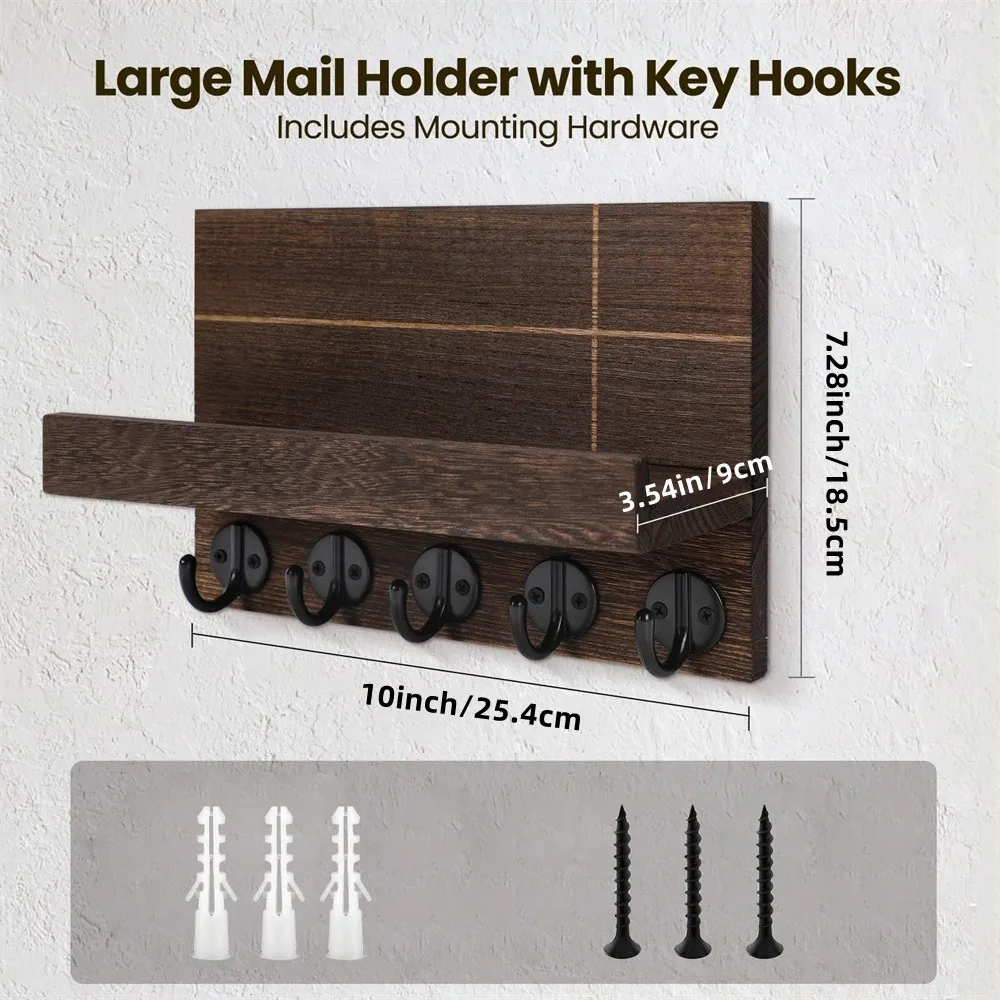 Wood Key Holder with Shelf Wall Decor Floating Shelf with Hooks Holds Key Rings Dog Leash Wallet Purse for Entryway Living Room 3