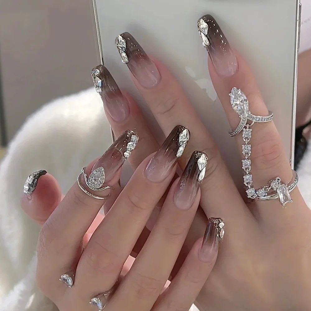 24pcs artifical nails with glue glitter press on nails stick on nails with  Rhinestones Charms acylic false nail Gradient coffee| | - AliExpress