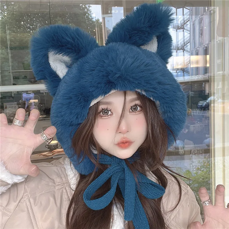 Big Ear Knitted Hat Velvet Warm Knitted Ear Protection Hat Pullover Hat Korean Cute Women's New Pink Plush Ball Hat Winter 2
