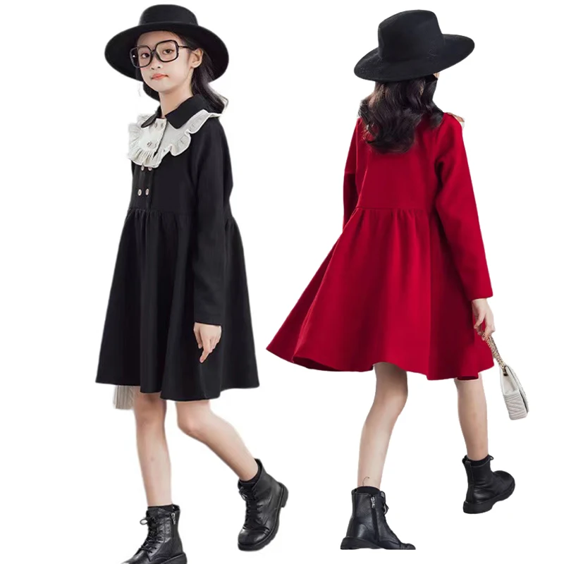 

Girls Autumn Winter New Red Dress Children Lapel Small Fragrant Wind Princess Birthday Party Skirt Teen Fashion Ruffled Clothing