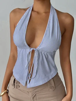 Fashionable Casual Women's Summer Striped Split Sexy Strap Vest Sleeveless Tank Top for Ladies Trendy And Comfortable 1