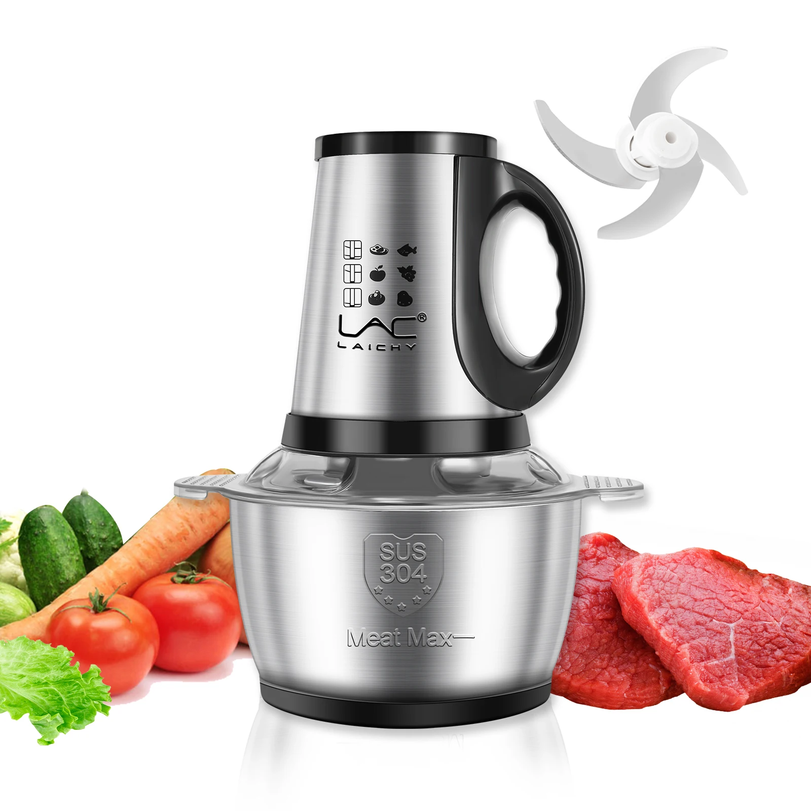 LAC 전기 식품 급속 가공 기계, 다기능 스테인레스 스틸, 손쉬운 세척, 가정용 고기 연마기, 손잡이 포함, 2l