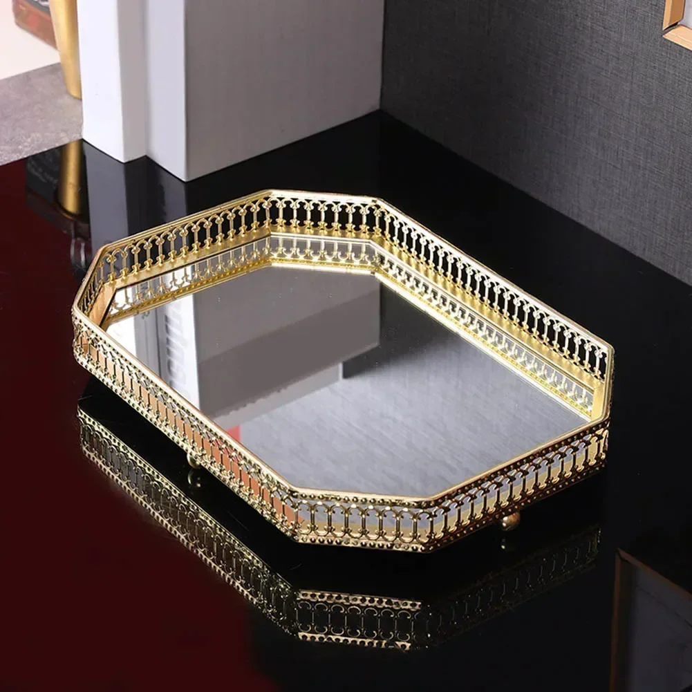 Vintage European mirror glass metal storage tray gold rectangle/round fruit plate desktop small items jewelry display tray plate