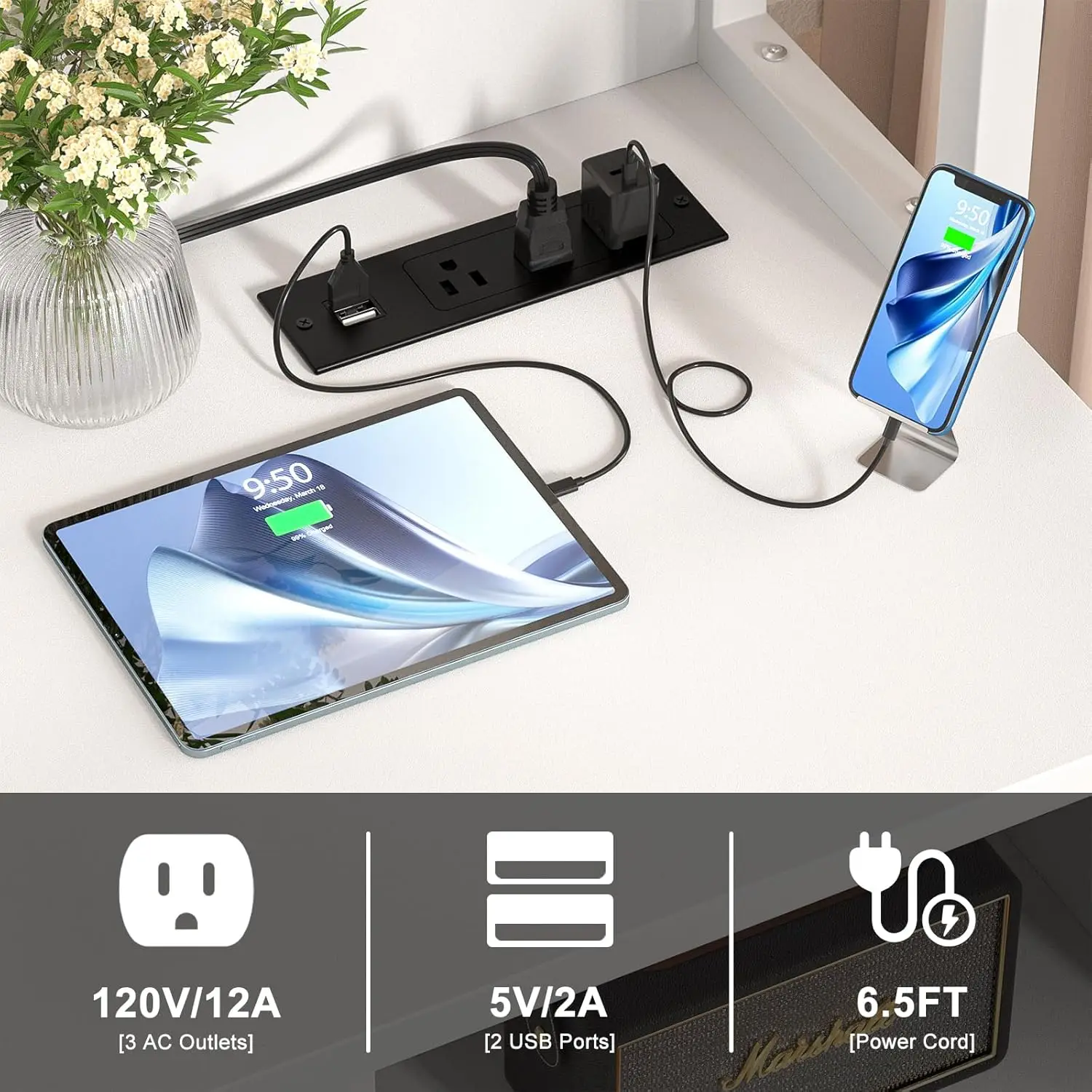 Vertical File Cabinet with Charging Station,Lock & Large Drawer,Printer Stand with Storage Shelves,Office Storage Cabinet ,White