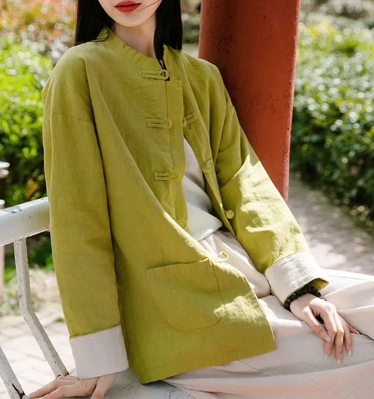 

Cotton Linen Shirt Women Chinese Style Retro Ethnic Traditional Shirt Top Girls Ramie Taichi Uniform Stand Collar Button Up Top