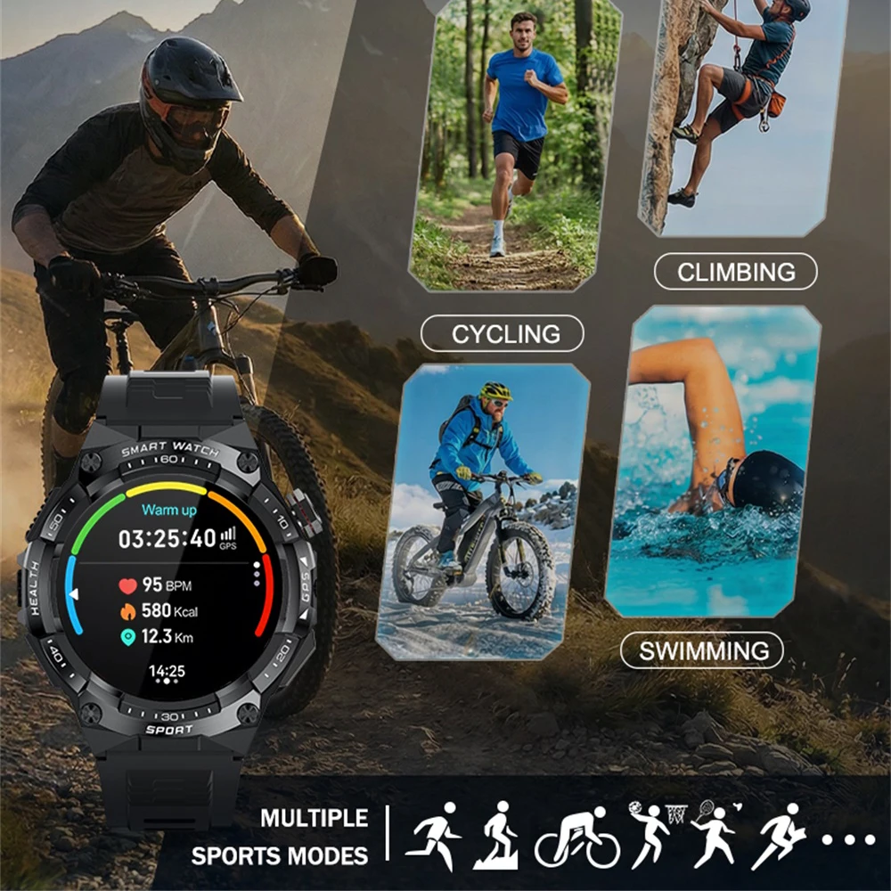 Fitness Smartwatch Men Outdoor GPS Sports Watch AMOLED Display Compass BT Call Waterproof Heart Rate & Health Monitoring