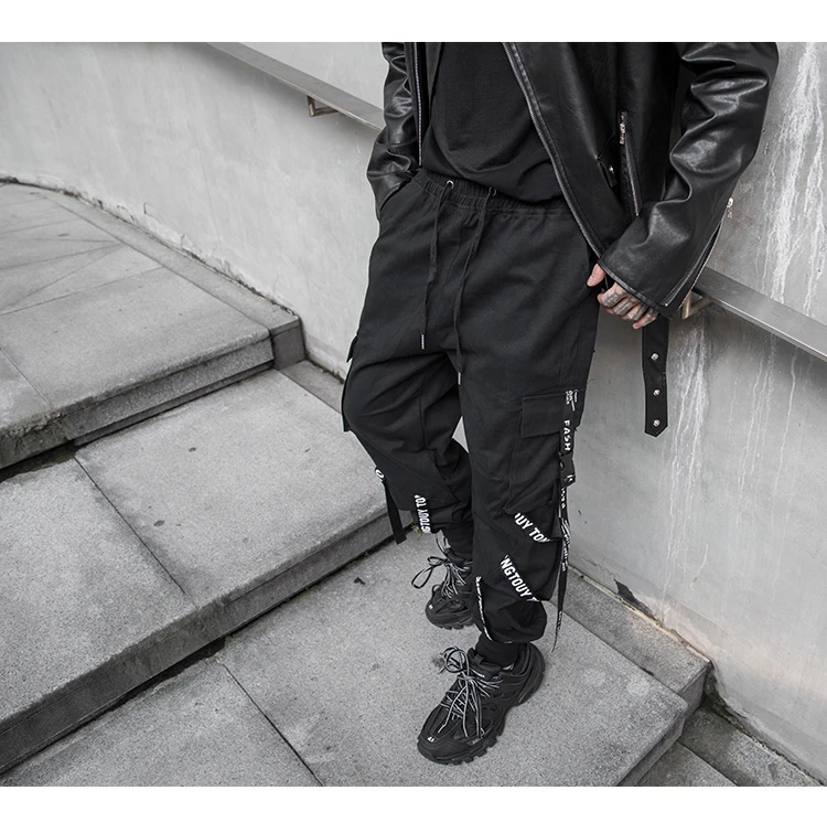 ARENS Black Cargo Pants Men Joggers Cargo Trousers for Men Jogging Japanese Streetwear Hip Hop Hippie Techwear Gothic Ribbon A68 jersey harem pants