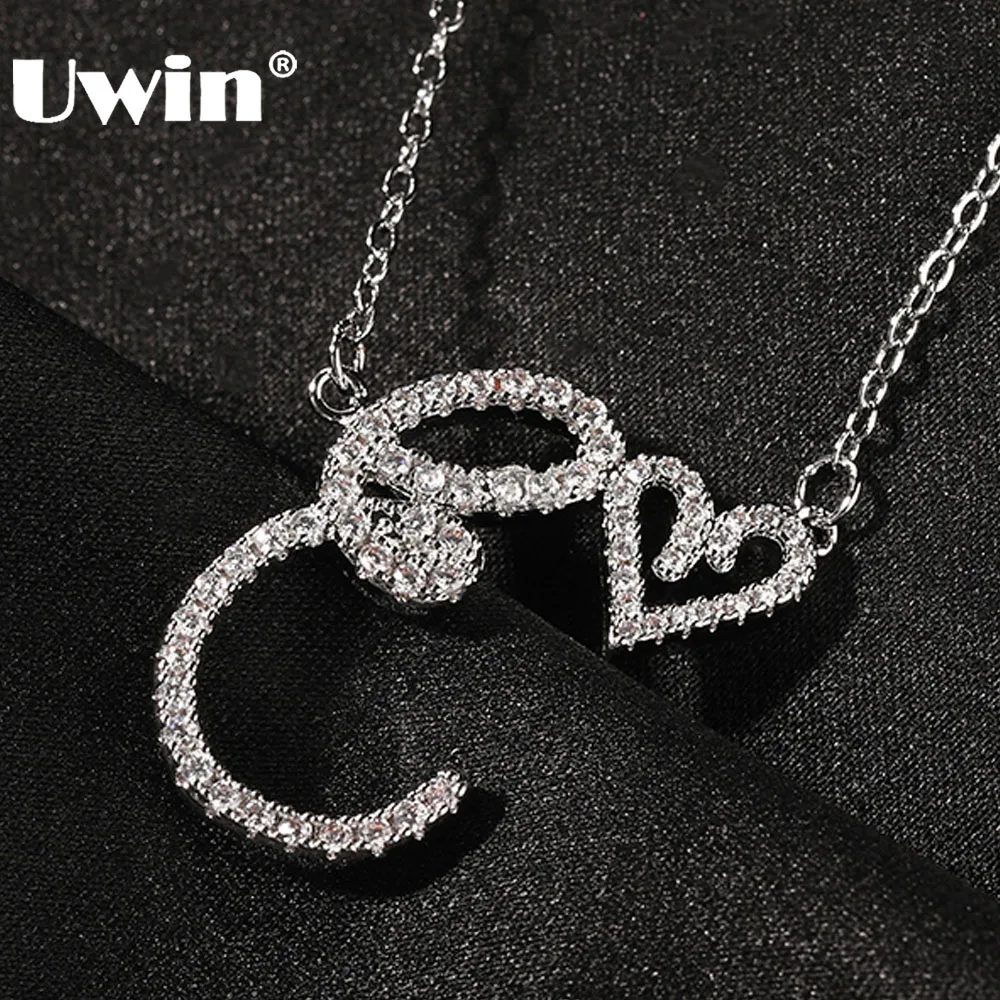 

UWIN Initial Cursive Letters with Heart Pendant Necklaces Iced Out Initial Necklace Fashion Jewelry Collier Lettre