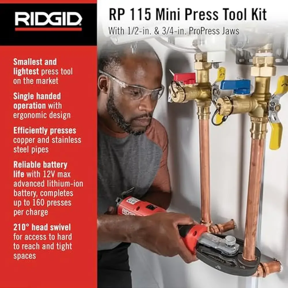 72553 Model RP 115 Compact Hydraulic Press Tool Kit with SlimGrip Handle and ProPress Jaws Lightweight Swivel Head One-Handed 3