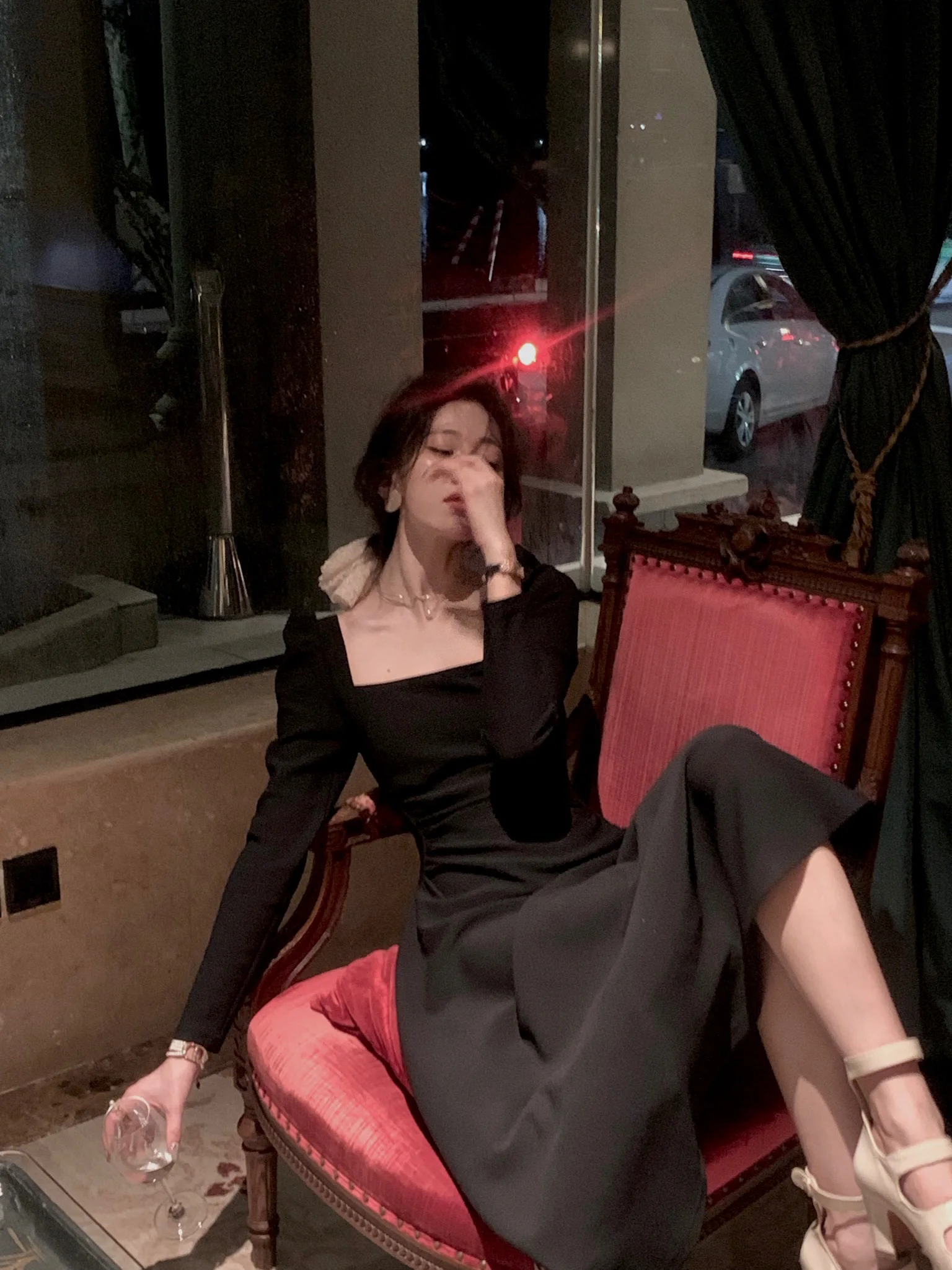 Spring New Elegant Square Collar Midi Party Dresses for Women Long Sleeve Black White Slim Vestidos Female High Waist Clothes