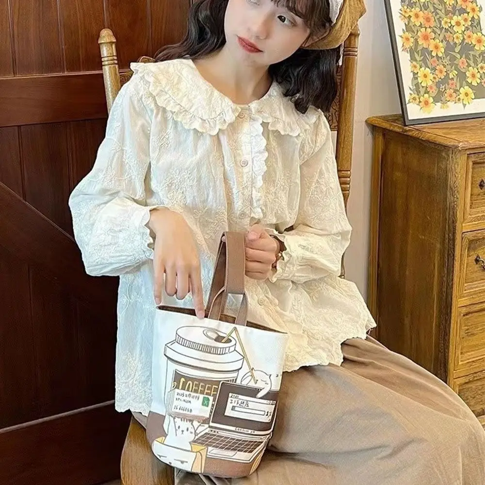 Sweet Large Capacity Cartoon Coffee Cat Bucket Bag Canvas Handbag Shopping Bags Mummy Bag Tote Bag Korean Style Lunch Bag Women