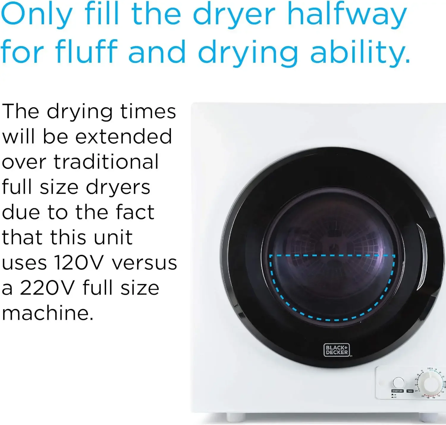 BLACK+DECKER BCED37 Compact Dryer for Standard Wall Outlet, Small, 4 Modes, Load Volume 13.2 lbs., White 5
