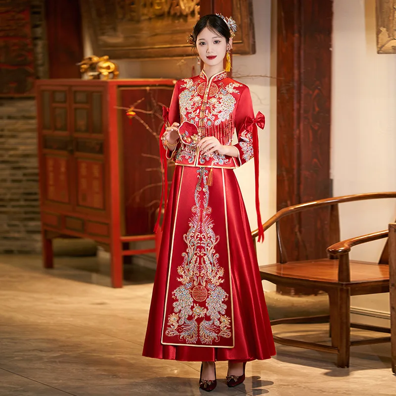 

Chinese Bow Applique Couple Tang Suit Cheongsam Traditional Phoenix Embroidery Qipao Oriental Wedding Dress Robe Vestido