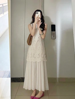 Ele White Splice Hollow out Summer Dr 2026 Unique Beautiful Slimming Long Dr Korean Sle High Waist A-Line Skirt 1