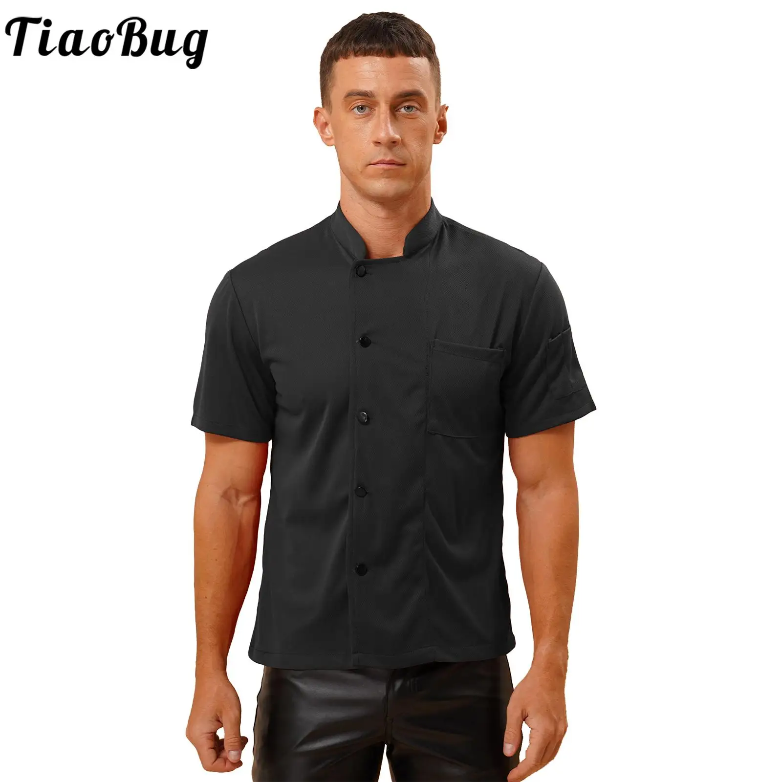 

Unisex Mens Womens Chef Cooking Uniform Short Sleeve Jacket Coat Restaurant Kitchen Workwear Stand Collar Button T Shirt Adults