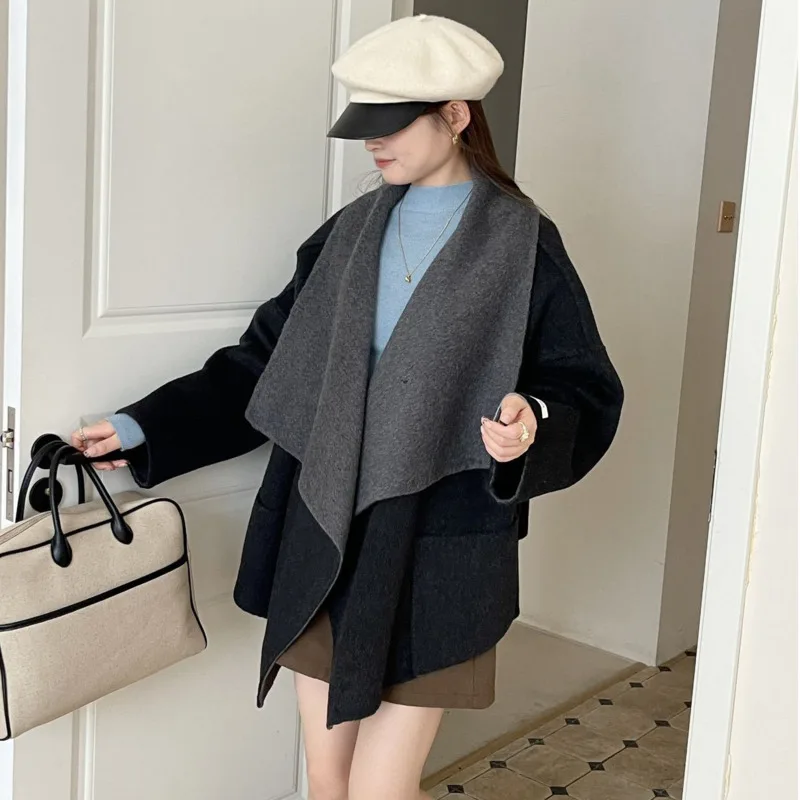 LANMREM Two-tone Shawl Collar Buttonless Drop Shoulder Mid-length Bathrobe Style Reversible Women's Double-faced Woolen Coat New - Image 4