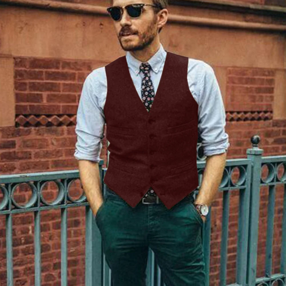 Men's Wool Single Breasted Vest Punk Fashion Casual Wear Sleeveless Vest Wedding Groomsmen Dress
