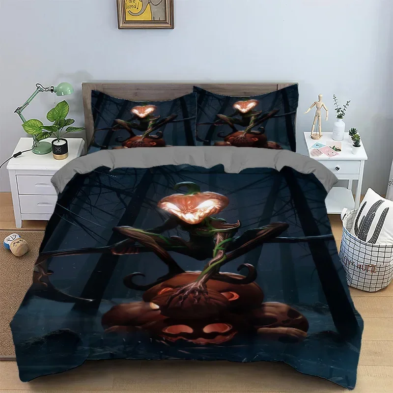 Three piece set of cross-border foreign trade European and American size bedding, witch pumpkin lantern quilt GREY