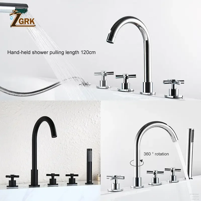 Bathtub Mixer Faucets Triple Handle Bath Tub Deck Mounted 5 Hole Water Crane Cold and Hot with Hand Shower Black Chrome Gold 2