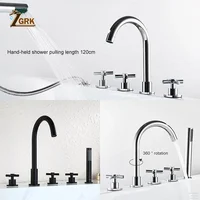 Bathtub Mixer Faucets Triple Handle Bath Tub Deck Mounted 5 Hole Water Crane Cold and Hot with Hand Shower Black Chrome Gold 2