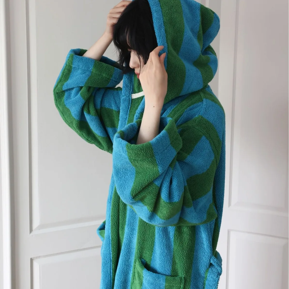Retro Striped Female Hooded Bathrobe Terry Towel Long Robe Sleepwear Autumn Combed Cotton Nightwear Loungewear Loose Homewear