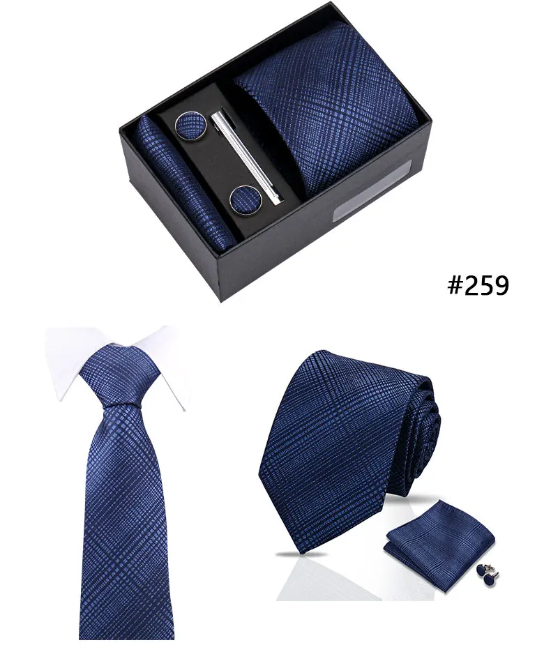 Top Quality Tie Set Gift Box Necktie Pocket Squares Cufflinks Tie-Clip Set With Black Box Men Birthday Gift Gravatas Accessories