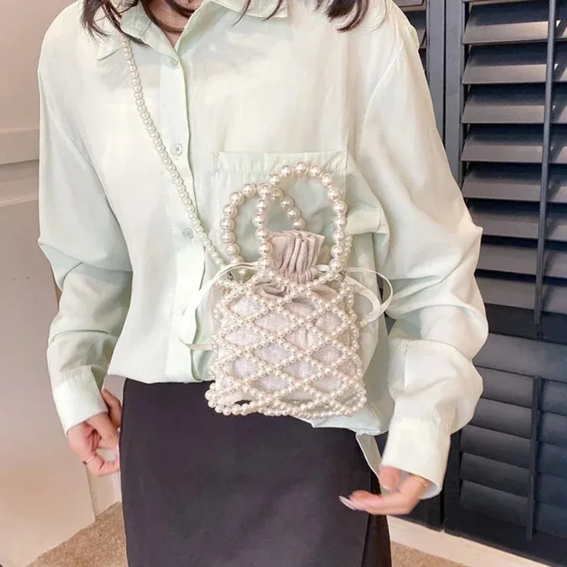 Vintage Fairy Bag Beaded Women Bucket Mini Bag Handheld Crossbody Bags for Ladies Chic Hollow Pearl Handbags