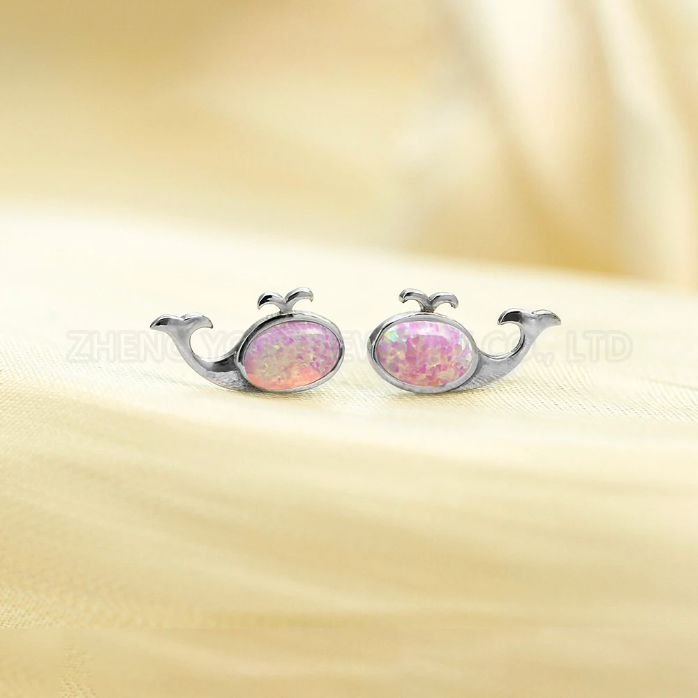 Lovely Animal Whale Shape Stud Earrings for Women 925 Silver Opal Stone Ear Jewelry