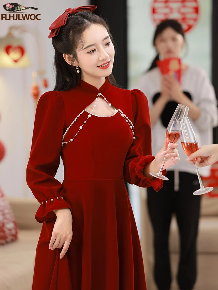 レトロなqiPaoドレス,新婦,ワインレッド,長袖,エレガント,イブニング  