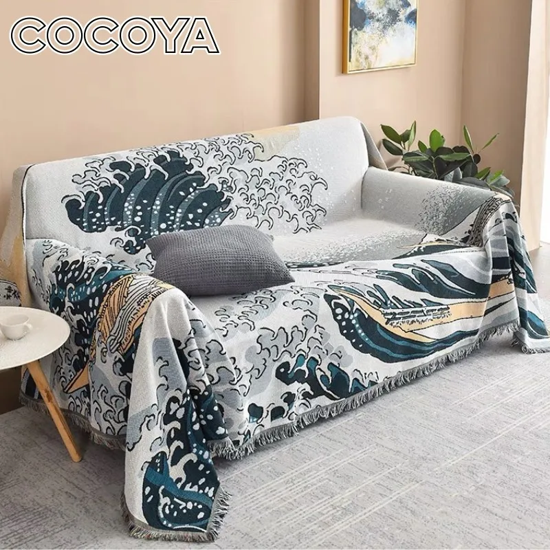 

Japan Style Ukiyoe Sea Wave Blankets for Beds Sofa Cover Vintage Camping Picnic Mats Camping Throw Soft Art Woven Thread Blanket