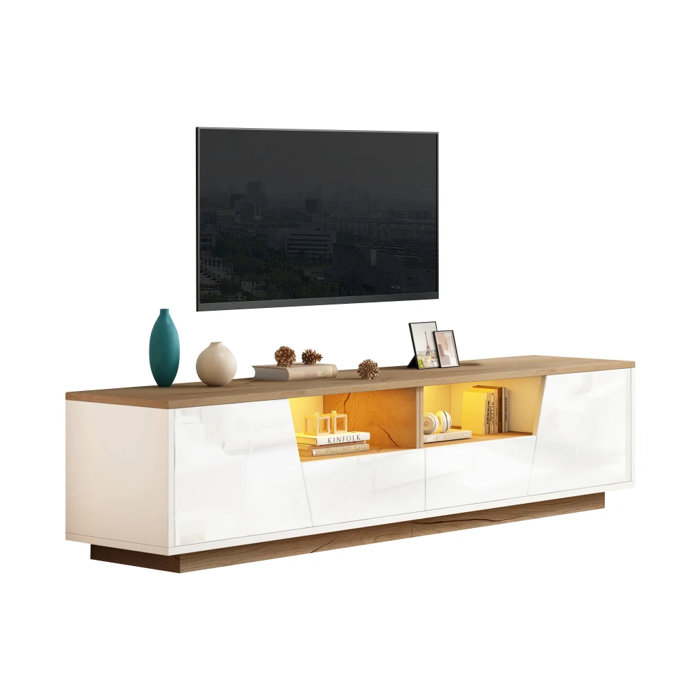 180 x 40 x 46 cm großer TV-Schrank mit 2 Schubladen und LED, Hochglanz-Lowboard und TV-Tisch, geeignet für 75-Zoll-Fernseher, Weiß + Holzfarbspleiß – Detail 11