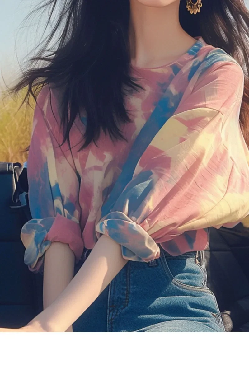 Chiffon Women's Shirt Summer Prints Vintage Blouses Loose Long Sleeve Women Tops O-neck Fashion Clothing 2024 Korean