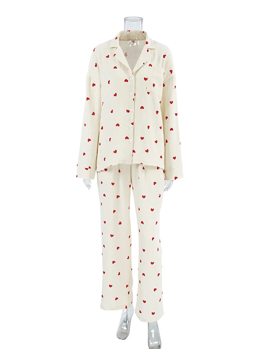 Marthaqiqi Loose Ladies Sleepwear Suit Sexy Turn-Down Collar Nightwear Long Sleeve Nightgowns Pants Printing Female Pajamas Set