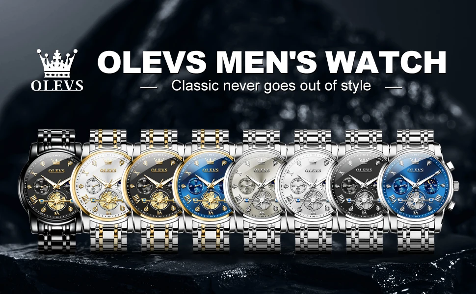 OLEVS 2856 Quartz Watch for Men Flywheel Skeleton Chronograph Moon Phase Multifunctional Stainless steel Men's Wristwatches