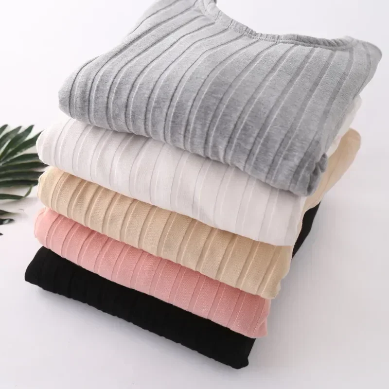 

Cotton Clothing Thickened Sleeve Thermal Long Underwear Winter Velvet Bottoming Undershirt Sling Cozy Striped Women Warm Top