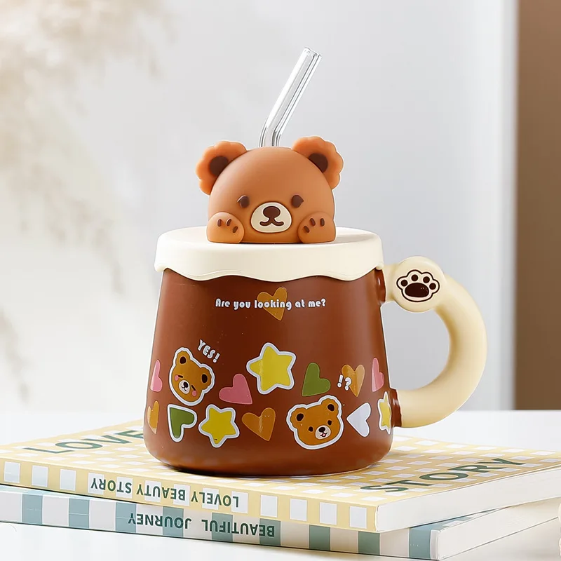 Xfeyaqlo Tazza ceramica con Cucchiaio - Tazze caffe, Latte, colazione - Animale Simpatico Cartone Animato Dipinto a Mano - Orso grizzly