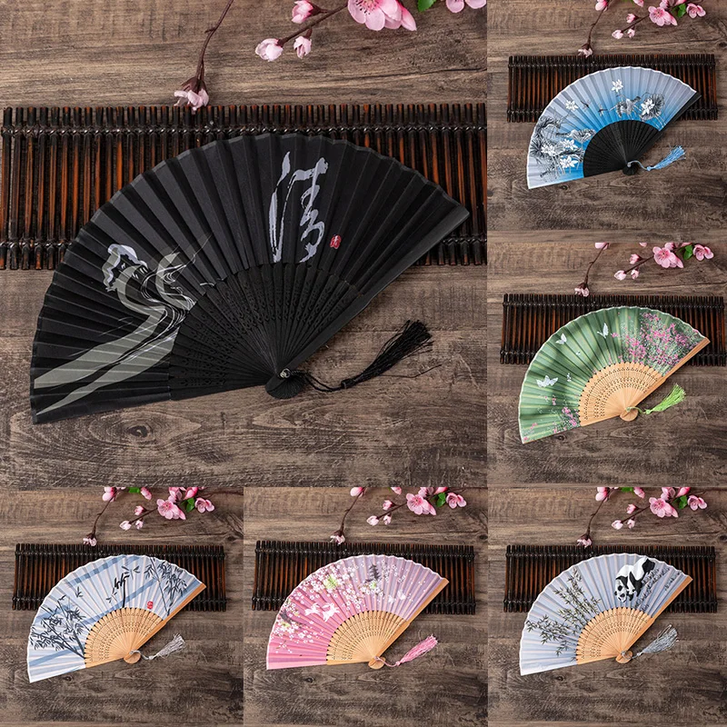 1PC Vintage Chinese Style Folding Fan Bamboo Cloth Fan Creative Home Decor Ornaments Dance Hand Party Performance Props