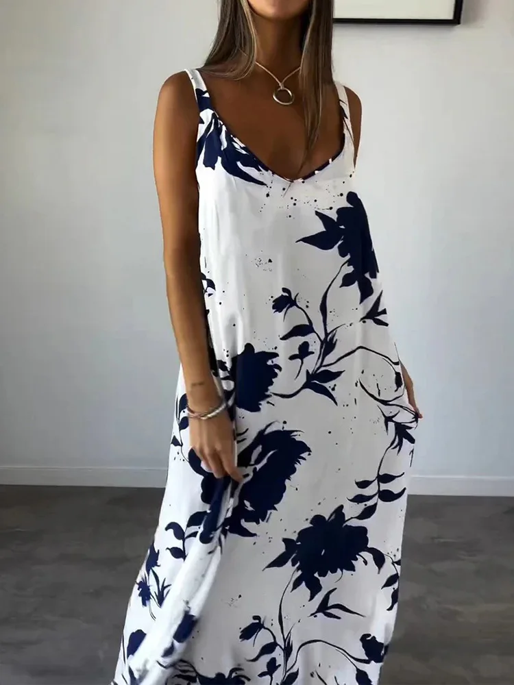 

Loungewear V-Neck Sleeveless Maxi Dress, Women Summer Vintage Fashion Patchwork Party Dress, New Loose Fit Backless Ladies Dress