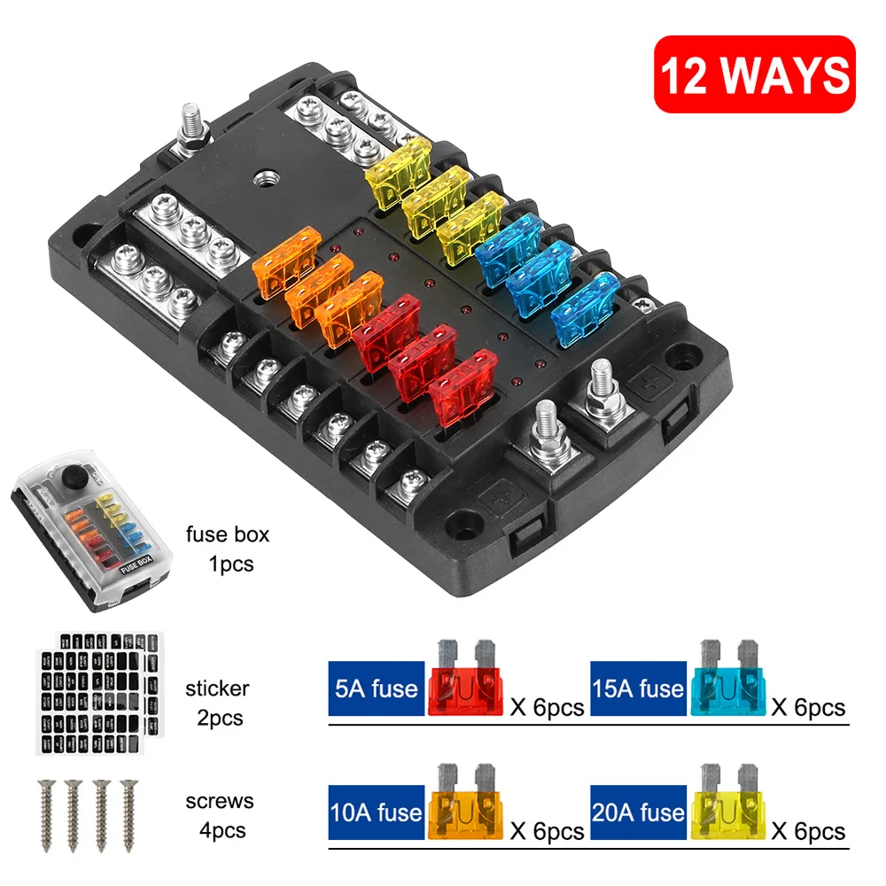 

For Auto Car Marine Trike Fuse Box Holder 6 Ways 12 Ways Blade Fuse Block Block & Warning Indicator 60V 300A Plastic Cover