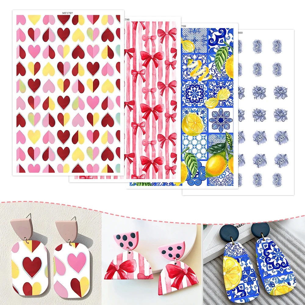 폴리머 클레이용 하트&레몬 워터 트랜스퍼 페이퍼, DIY 귀걸이용 귀엽고 지중해풍 패턴 클레이 트랜스퍼 시트