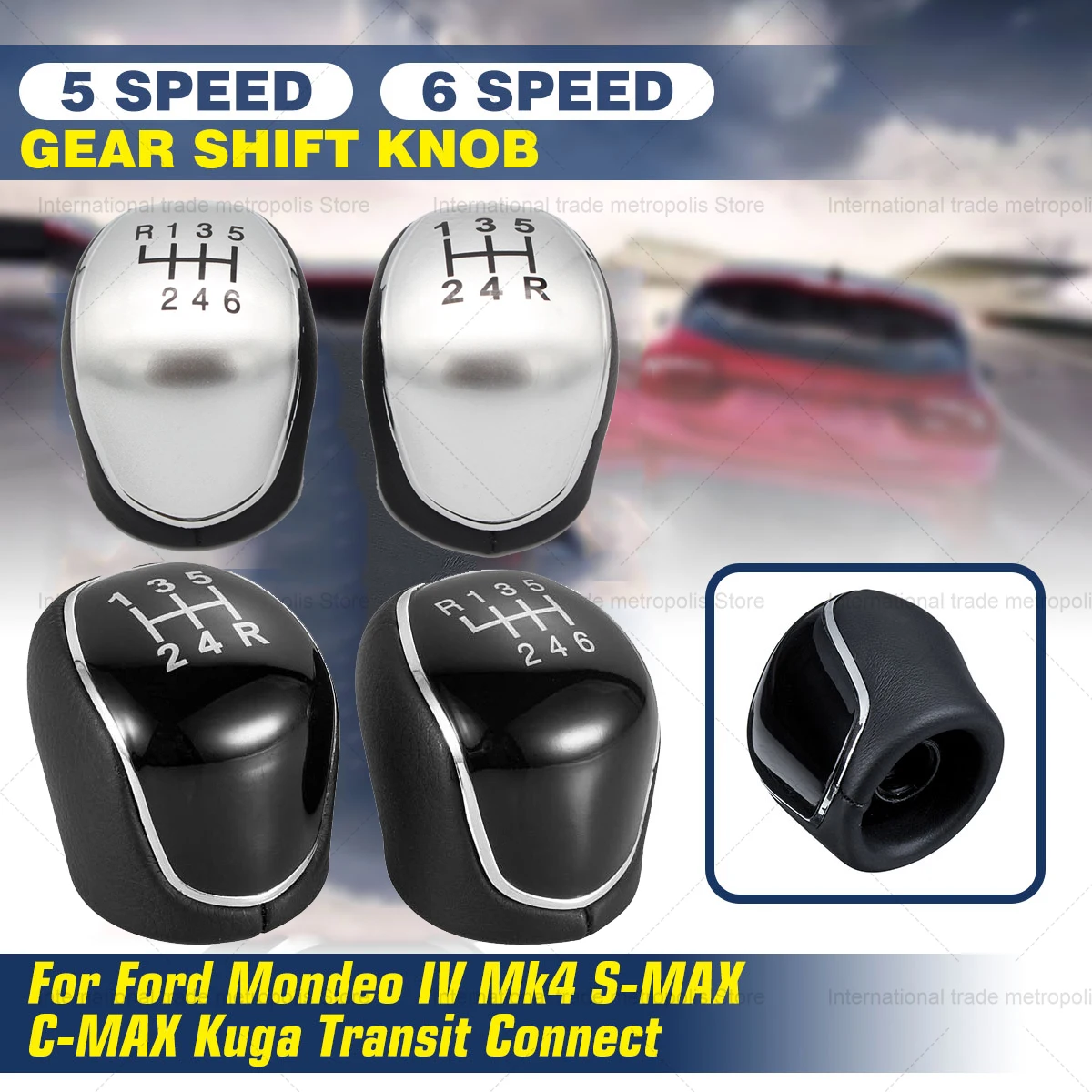 Gear shift knob 5/6Speed Car Leather Gear Shift knob for Ford S-Max C-Max Kuga Galaxy Mondeo4 Mk4 Transit Tourneo Connect Focus Auto Accessories
